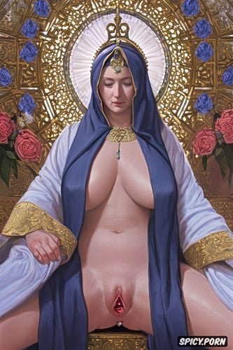 masturbating, blue sash, halo radiating around head, red roses