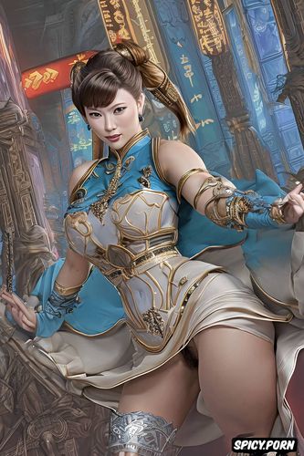 showing upskirt, long dress, chubby belly, chun li streetfighter