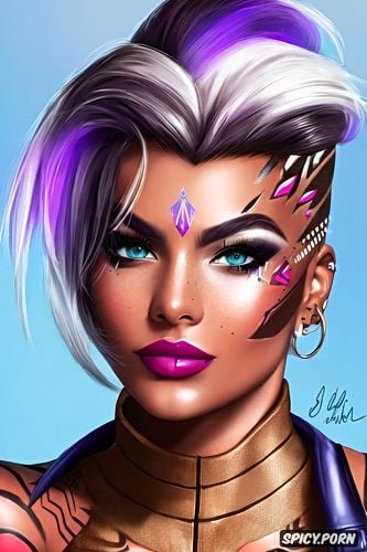k shot on canon dslr, ultra realistic, sombra overwatch beautiful face young tight outfit tattoos masterpiece