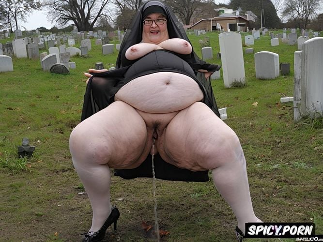 grave with headstone in a cemetery, nun dressed, fat legs, cellulite