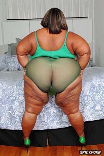 big ass, green bike shorts, gilf, round face, large belly, obese