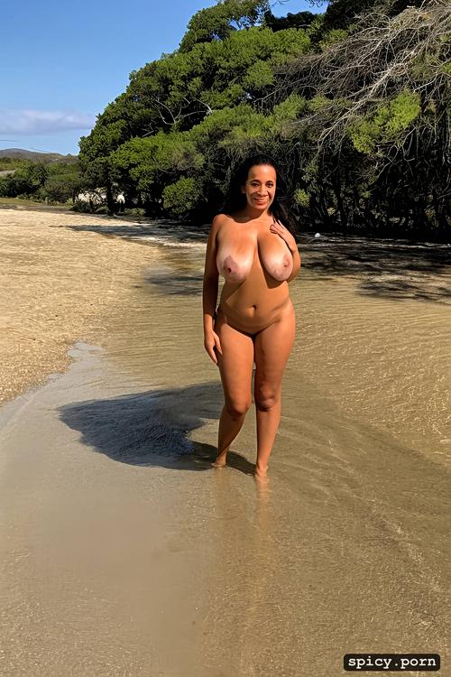 nude, wide hips, 39 yo, standing at a beach, hour glass figure