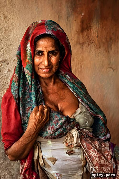 a beautiful pakistani mahila villager impovrished poor worn dirty tattered clothes held hostage by a group of men in a farmhouse
