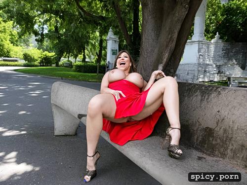 huge ass, huge sweaty pussy, tits exposed, up spread open wide thick long legs upskirt sitting on bench in park free upskirt