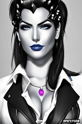 widowmaker overwatch milf full lips black blazer white shirt shirt unbuttoned beautiful face