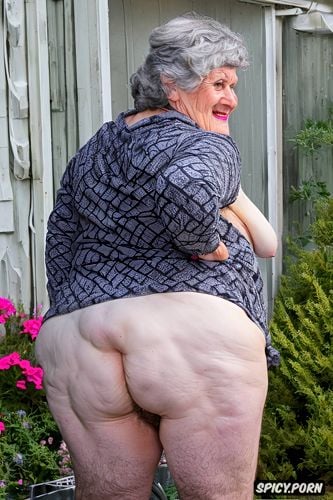 naked, white granny, good anatomy, massive ass, very hairy pussy