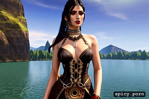 lake, beautiful cute face, medium boobs, indian female, black hair