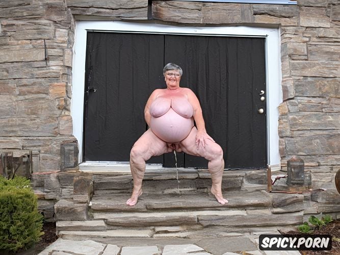 short bbw granny, obese, oiled body, thick legs, centered, full body shot
