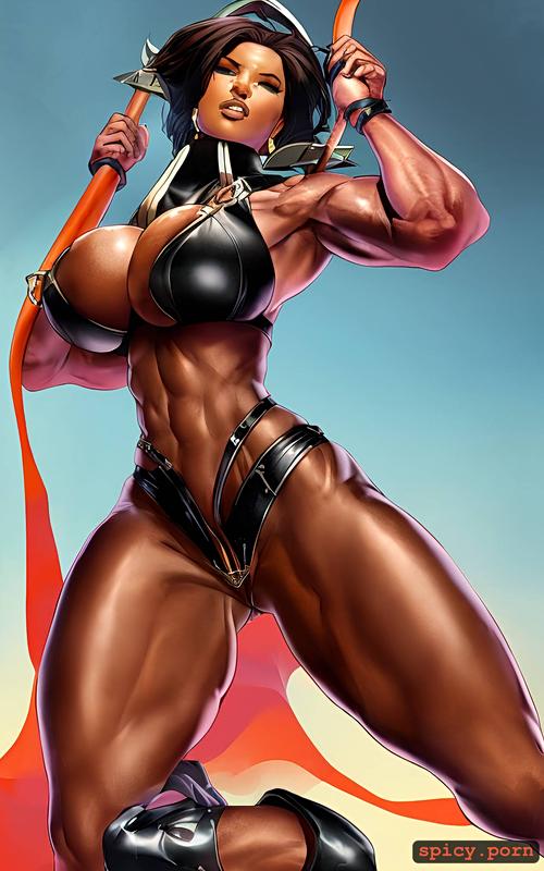 spreading her legs apart, dark skin, muscular, she wields a large bullwhip that she slides between her pussy lips