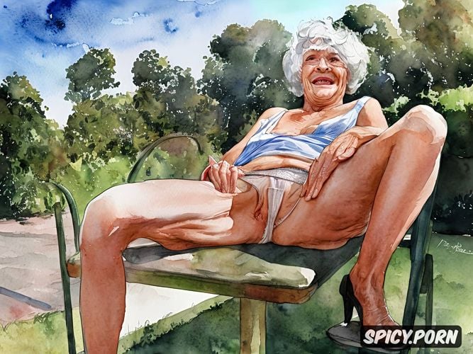 88 years old grandma, upskirt, spreading legs, smile, big pussy