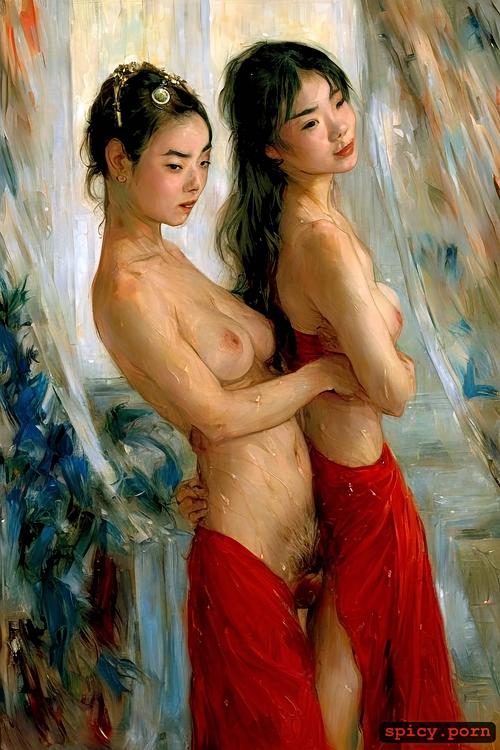 glistening skin, perky nipples, small boobs, detailed face, art by da zhong zhang