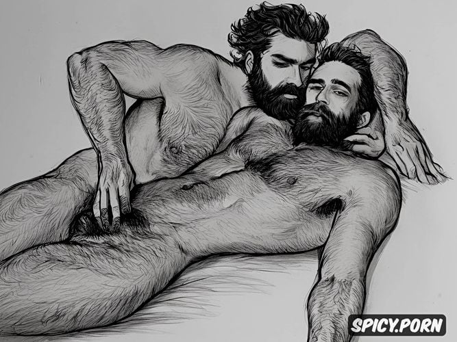 dark hair, 35 yo, rough sketch, hairy chest, rough sketch of a naked bearded hairy man sucking on a big penis