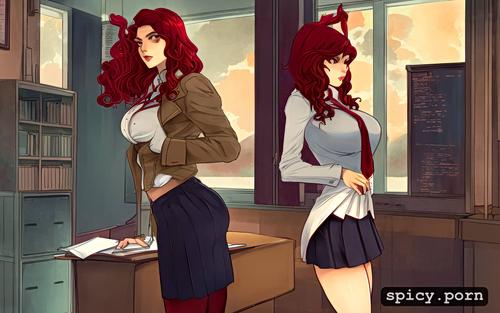 school uniform, red hair, open blouse classroom, knee socks