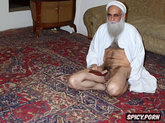 big room, holding a book, old man with hard veiny erected penis showing