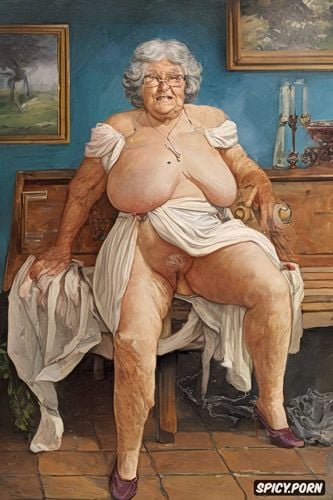 the very old fat grandmother has nude pussy under her skirt