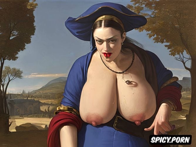 big nipples, distended cunt, topless, domina, red, bright painted lips