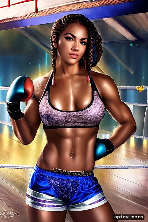 glittery shorts, boxing ring, female boxer, braided hair, boxing gloves