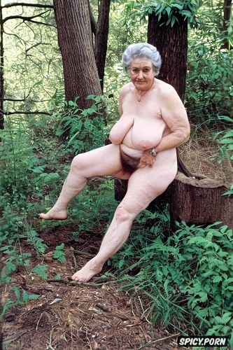 hanging tits, curvy, pale skin, very hairy pussy, very old granny