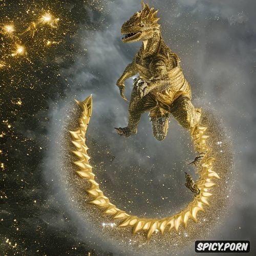 godzilla fighting t rex and gorilla, throated, golden ring osmium glitter