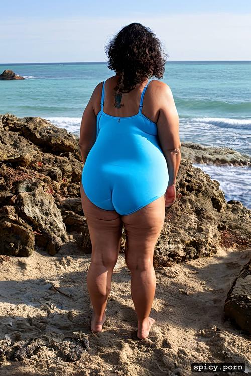 sagging fat belly, spreading legs, at beach, small breasts, an old fat hispanic woman with obese belly