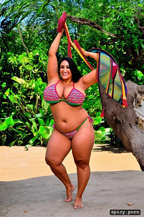 curvy body, bikini top, giant hanging boobs, flawless smiling face