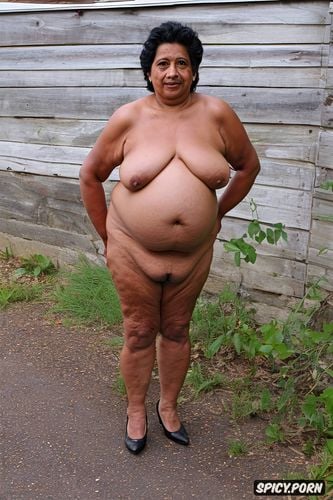 front view shot, smiling hot granny, she has a big obese plump belly and shrink boobs