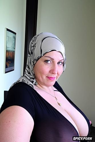 pink hijab head, big breast, round lips, round chin, mature housewife