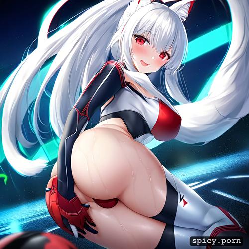 athletic, long hair, smiling, ass held into the camera, silver hair