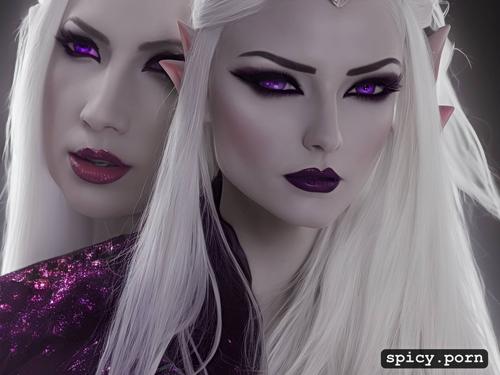 purple clothes, 23 yo, no make up, white eyelashes, perfect slim albino female elf