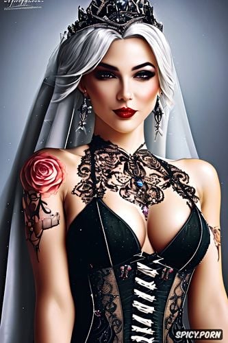 ashe overwatch beautiful face milf tight low cut black lace wedding gown tiara