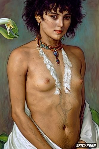 beautiful woman, flat chest beautiful native american women with a white lily