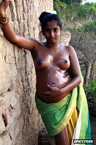 dark hair in pony tail, expression, oiled bony body, nude in indian village