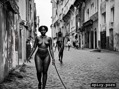 on leash, african women, short hair, nude, crowded city street