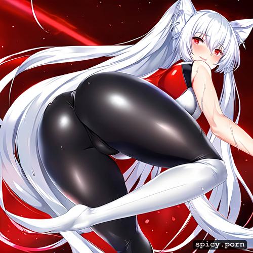 cat woman, skintight sport clothes, red eyes, showing of her ass