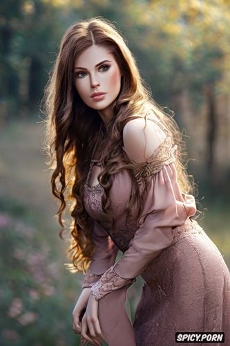 tight low brown peasant farmer dress, bethany hawke dragon age beautiful face pale rosy kissed skin long soft chestnut brown hair