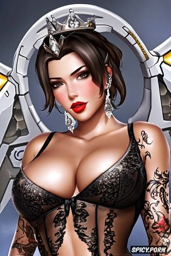 ultra detailed, ultra realistic, k shot on canon dslr, mercy overwatch sexy tight low cut black lace dress tiara tattoos beautiful face full lips milf full body shot