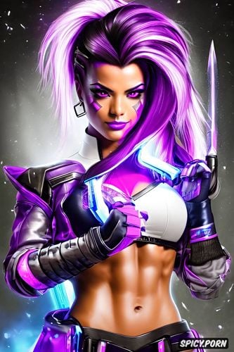 abs, masterpiece, ultra realistic, sombra overwatch female fantasy assassin skin tight black assassin robes daggers beautiful face portrait muscles