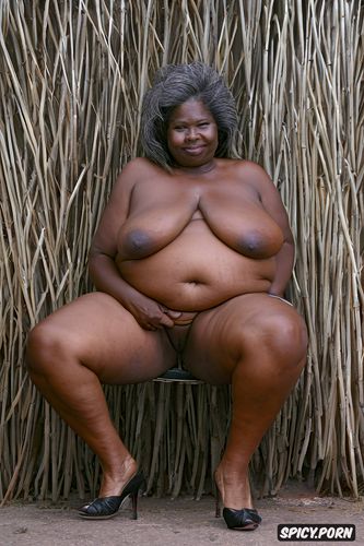 nude, big fupa and belly, dark skinned, long gray haired grandmother