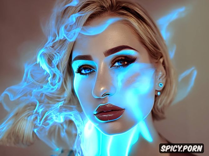 blue led lights, vapor, blonde hair, exotic woman, short hair smoke