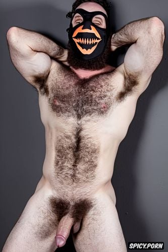 solo hairy gay man with a big dick showing full body and perfect face beard showing hairy armpits indoors dark brown hair gay porn star wearing a halloween mask