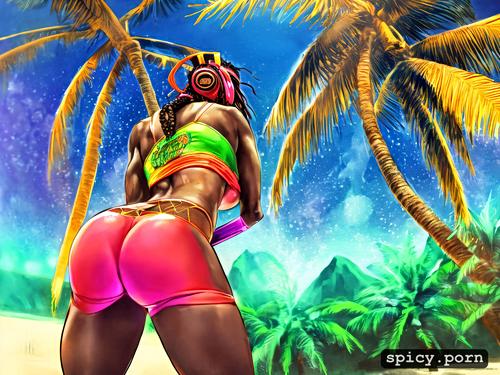 very colorful neon colors, highres, location on the beach on an island with many palm trees and cannabis plants between