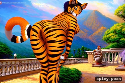 sari, striped tail, solo, busty, furry, gigantic breasts, tigress