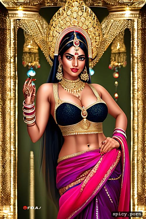 half saree, big boobs, full body front view, athletic body, gold jewellery