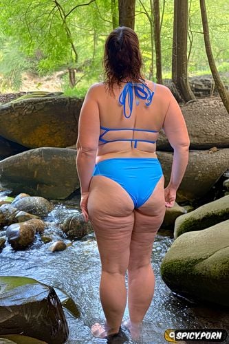 her dark brown hair cut short and slightly wet, rocking a blue bikini top with thin straps crisscrossing her broad shoulders