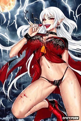 cut off dick, masterpiece, devil horns, red moon, white hair