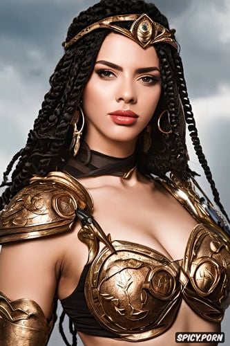 diadem, female spartan warrior, beautiful face portrait, medium round perky natural breasts