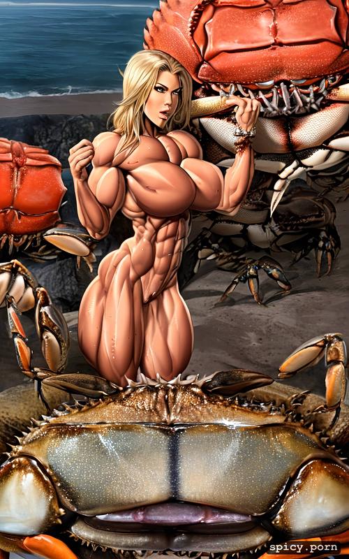 photorealistic, nude muscle woman vs giant crab, massive abs