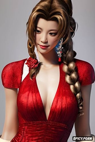 k shot on canon dslr, aerith gainsborough final fantasy vii rebirth asian skin tone tight red dress beautiful face masterpiece