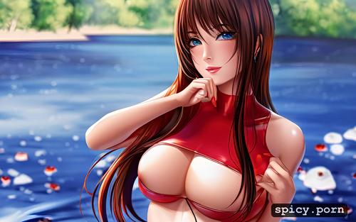 lake, cute face, big breasts, white female, brown hair, 18 years old