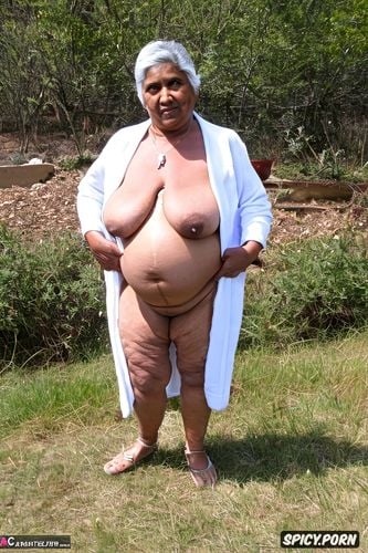 front view shot, the person is an old mexican granny, she has a big obese plump belly and shrink boobs